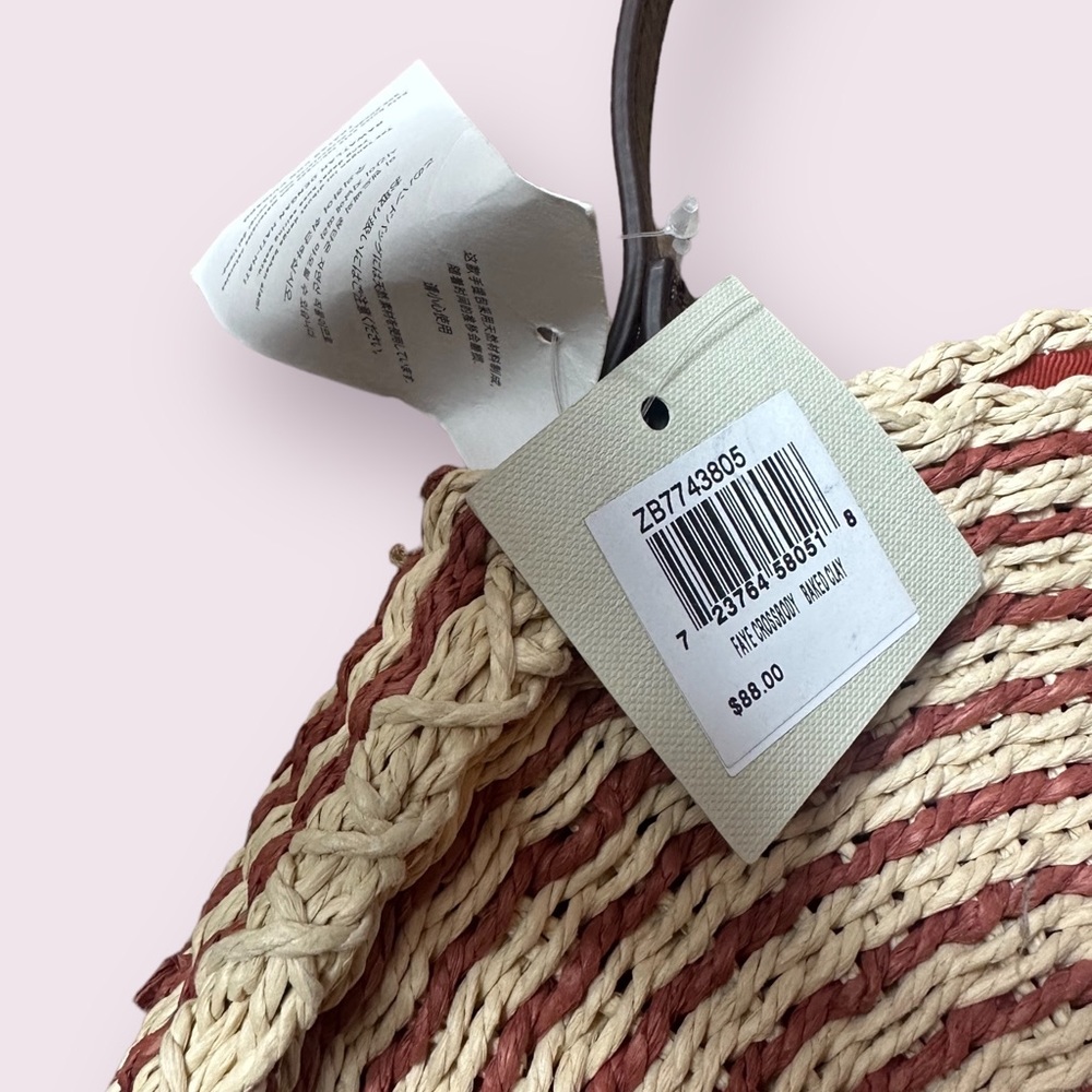 NWT Fossil Faye Crossbody Straw Woven Handbag Terracotta Accents Brown Strap - Picture 10 of 10